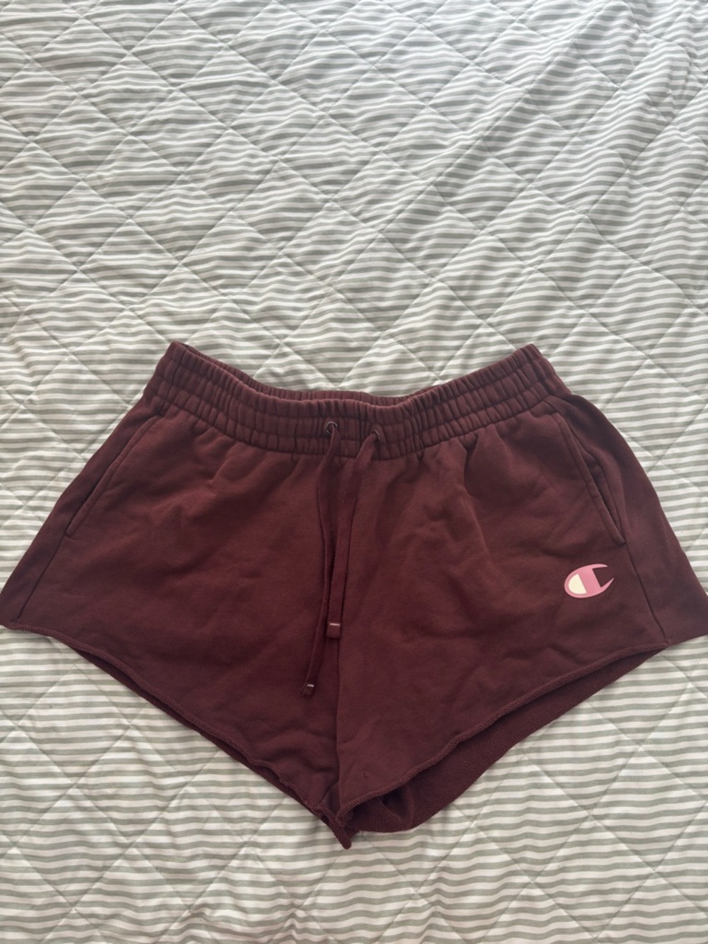 Champion Women's Maroon Drawstring Athletic Shorts with Pink Logo